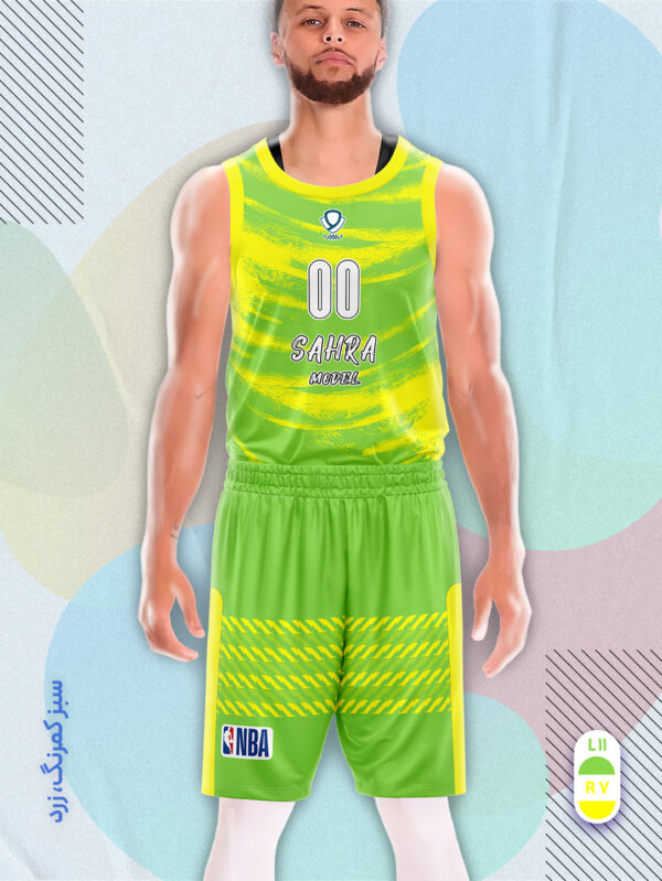 پیراهن و شورت ورزشی مدل صحرا بسکتبالی رنگ سبزکمرنگ زرد | تولید لباس ورزشی اختصاصی واو اسپرت