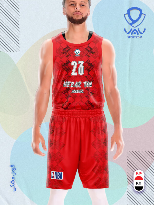 پیراهن و شورت ورزشی مدل هزارتو بسکتبالی رنگ قرمز مشکی | تولید لباس ورزشی اختصاصی واو اسپرت