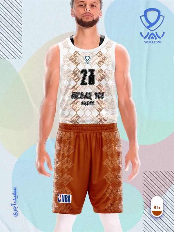 پیراهن و شورت ورزشی مدل هزارتو بسکتبالی رنگ سفید آجری | تولید لباس ورزشی اختصاصی واو اسپرت