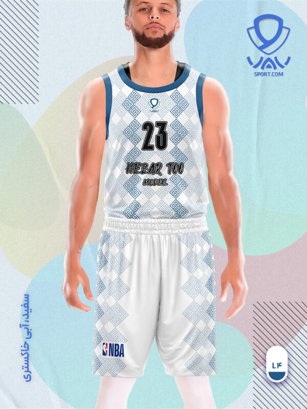 پیراهن و شورت ورزشی مدل هزارتو بسکتبالی رنگ سفید آبی خاکستری | تولید لباس ورزشی اختصاصی واو اسپرت