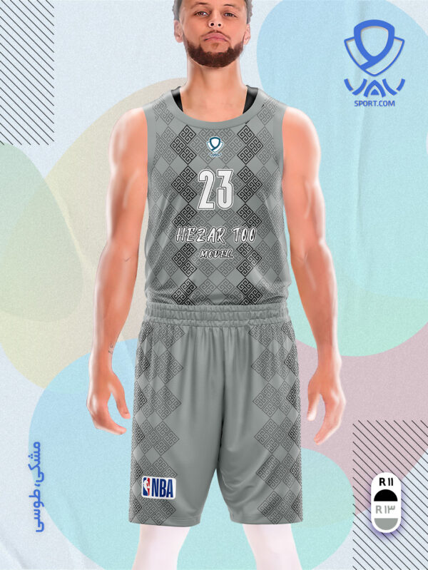 پیراهن و شورت ورزشی مدل هزارتو بسکتبالی رنگ مشکی طوسی | تولید لباس ورزشی اختصاصی واو اسپرت