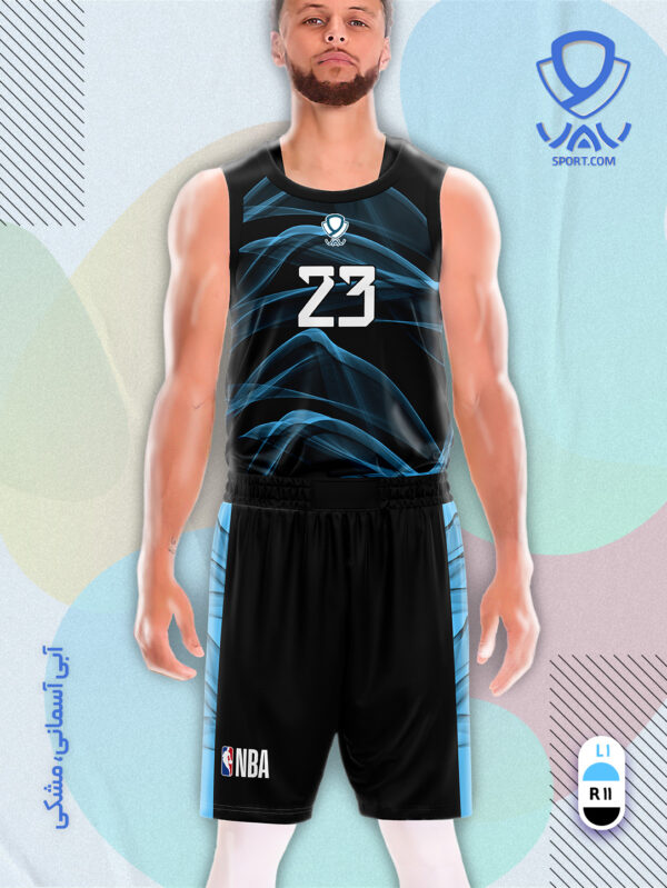 پیراهن و شورت ورزشی مدل سراب بسکتبالی رنگ مشکی آبی آسمانی | تولید لباس ورزشی اختصاصی واو اسپرت