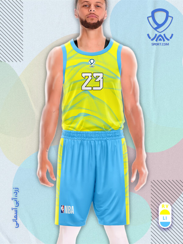 پیراهن و شورت ورزشی مدل سراب بسکتبالی رنگ زرد آبی آسمانی | تولید لباس ورزشی اختصاصی واو اسپرت