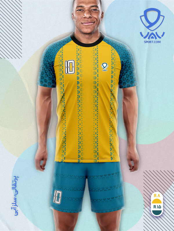 پیراهن و شورت ورزشی مدل کندو آستین کوتاه رنگ پرتقالی سبزآبی | تولید لباس ورزشی اختصاصی واو اسپرت