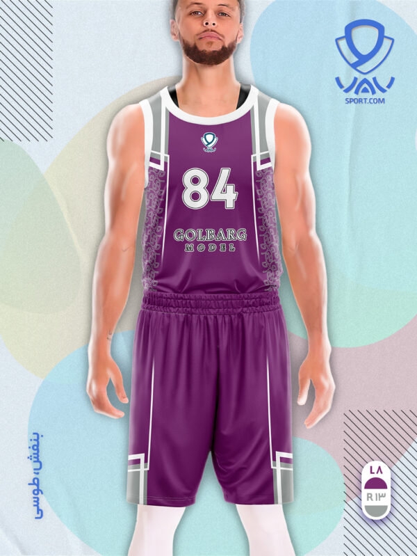 پیراهن و شورت ورزشی مدل گلبرگ بسکتبالی رنگ بنفش طوسی | تولید لباس ورزشی اختصاصی واو اسپرت