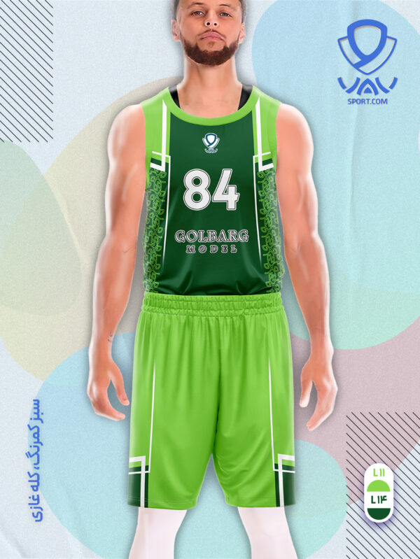 پیراهن و شورت ورزشی مدل گلبرگ بسکتبالی رنگ سبزکمرنگ سبز کله غازی | تولید لباس ورزشی اختصاصی واو اسپرت