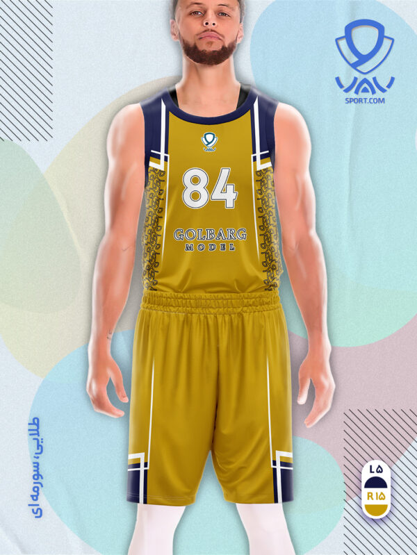 پیراهن و شورت ورزشی مدل گلبرگ بسکتبالی رنگ طلایی سورمه ای | تولید لباس ورزشی اختصاصی واو اسپرت