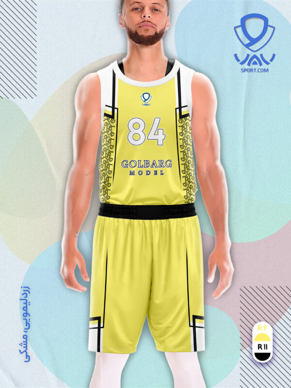 پیراهن و شورت ورزشی مدل گلبرگ بسکتبالی رنگ لیمویی مشکی | تولید لباس ورزشی اختصاصی واو اسپرت