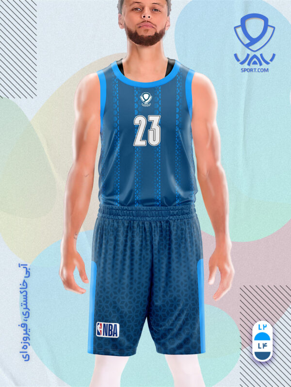 پیراهن و شورت ورزشی مدل کندو بسکتبالی رنگ آبی خاکستری آبی فیروزه ای | تولید لباس ورزشی اختصاصی واو اسپرت