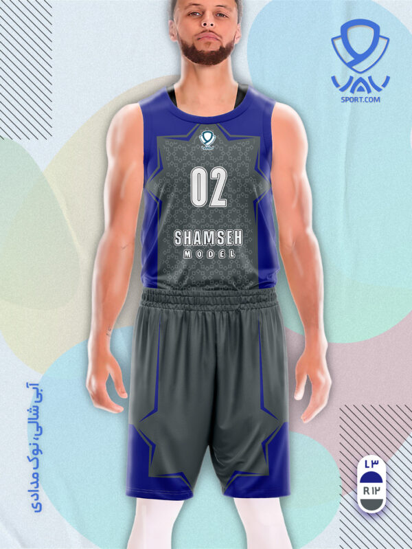 پیراهن و شورت ورزشی مدل شمسه بسکتبالی رنگ آبی شالی نوک مدادی | تولید لباس ورزشی اختصاصی واو اسپرت