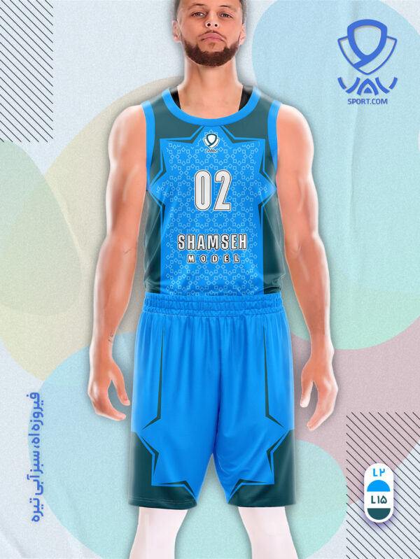 پیراهن و شورت ورزشی مدل شمسه بسکتبالی رنگ فیروزه ای سبزآبی تیره | تولید لباس ورزشی اختصاصی واو اسپرت