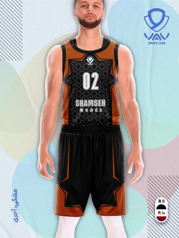 پیراهن و شورت ورزشی مدل شمسه بسکتبالی رنگ مشکی آجری | تولید لباس ورزشی اختصاصی واو اسپرت