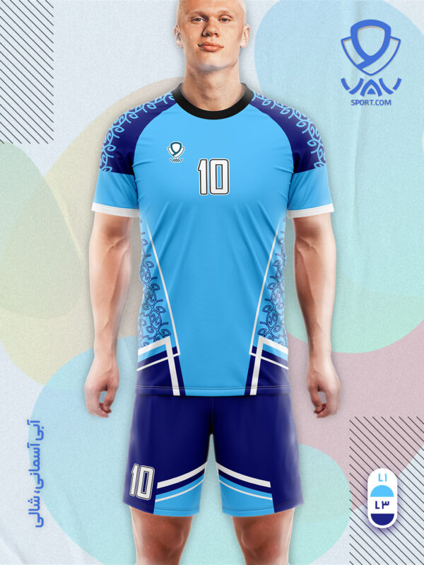 پیراهن و شورت ورزشی مدل گلبرگ آستین کوتاه رنگ آبی آسمانی آبی شالی | تولید لباس ورزشی اختصاصی واو اسپرت