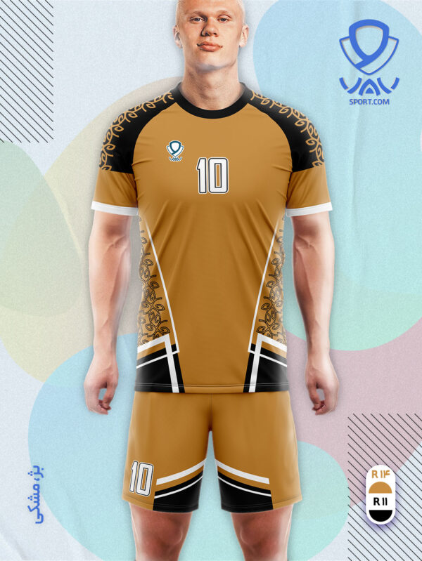 پیراهن و شورت ورزشی مدل گلبرگ آستین کوتاه رنگ بژ مشکی | تولید لباس ورزشی اختصاصی واو اسپرت