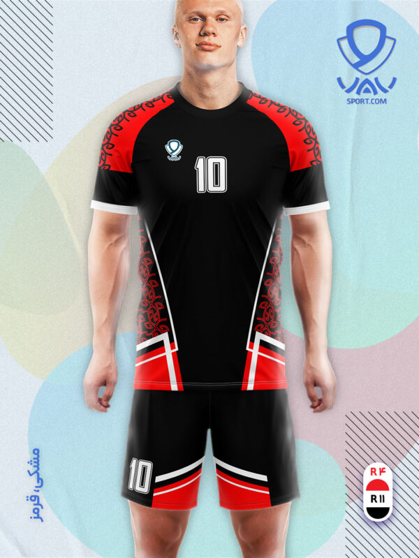 پیراهن و شورت ورزشی مدل گلبرگ آستین کوتاه رنگ مشکی قرمز | تولید لباس ورزشی اختصاصی واو اسپرت