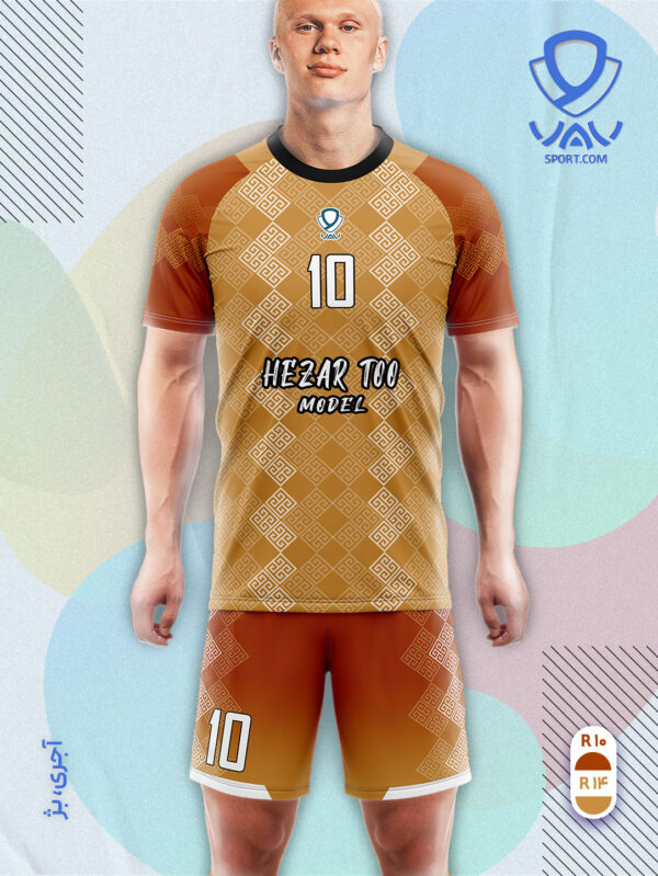 پیراهن و شورت ورزشی مدل هزارتو آستین کوتاه رنگ آجری بژ | تولید لباس ورزشی اختصاصی واو اسپرت