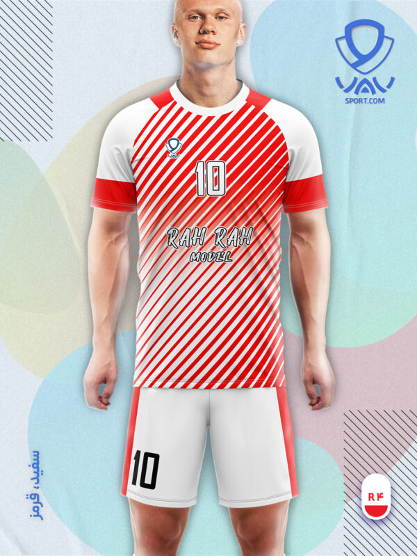 پیراهن و شورت ورزشی مدل راه راه آستین کوتاه رنگ سفید قرمز | تولید لباس ورزشی اختصاصی واو اسپرت