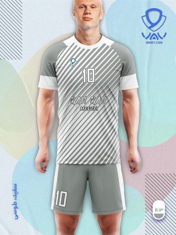 پیراهن و شورت ورزشی مدل راه راه آستین کوتاه رنگ سفید طوسی | تولید لباس ورزشی اختصاصی واو اسپرت