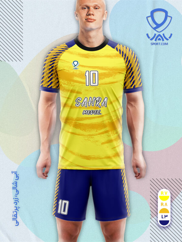پیراهن و شورت ورزشی مدل صحرا آستین کوتاه رنگ زرد آبی شالی پرتقالی | تولید لباس ورزشی اختصاصی واو اسپرت