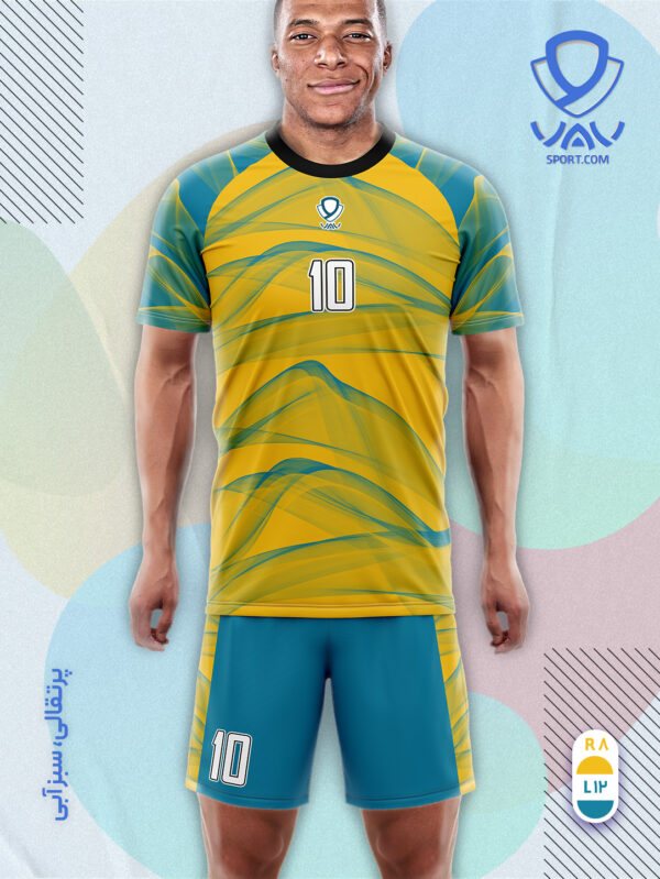 پیراهن و شورت ورزشی مدل سراب آستین کوتاه رنگ پرتقالی سبزآبی | تولید لباس ورزشی اختصاصی واو اسپرت