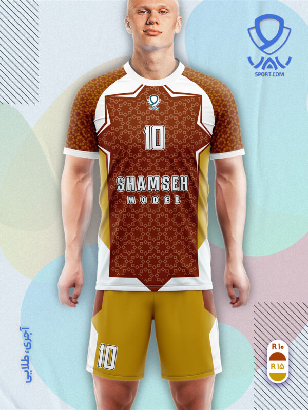 پیراهن و شورت ورزشی مدل شمسه آستین کوتاه رنگ آجری طلایی | تولید لباس ورزشی اختصاصی واو اسپرت