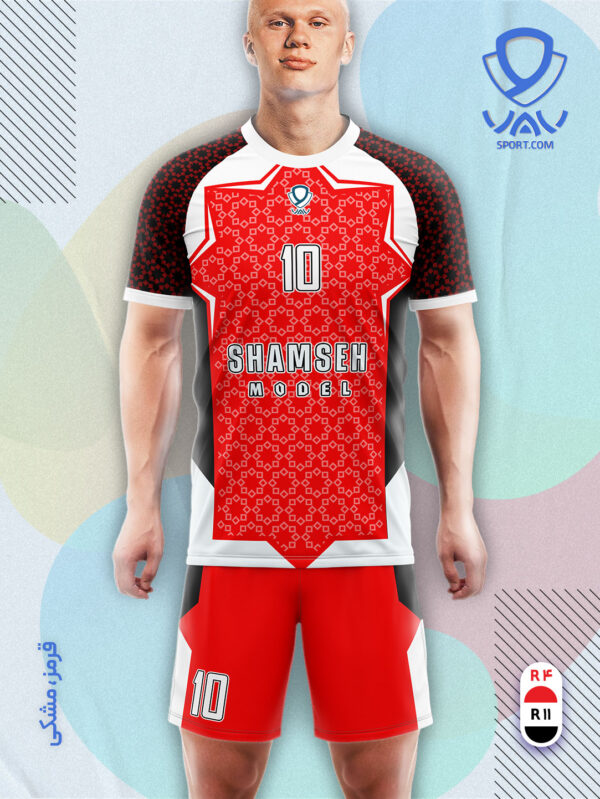 پیراهن و شورت ورزشی مدل شمسه آستین کوتاه رنگ قرمز مشکی | تولید لباس ورزشی اختصاصی واو اسپرت