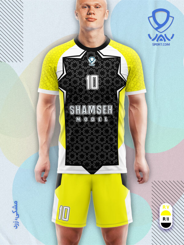 پیراهن و شورت ورزشی مدل شمسه آستین کوتاه رنگ مشکی زرد | تولید لباس ورزشی اختصاصی واو اسپرت