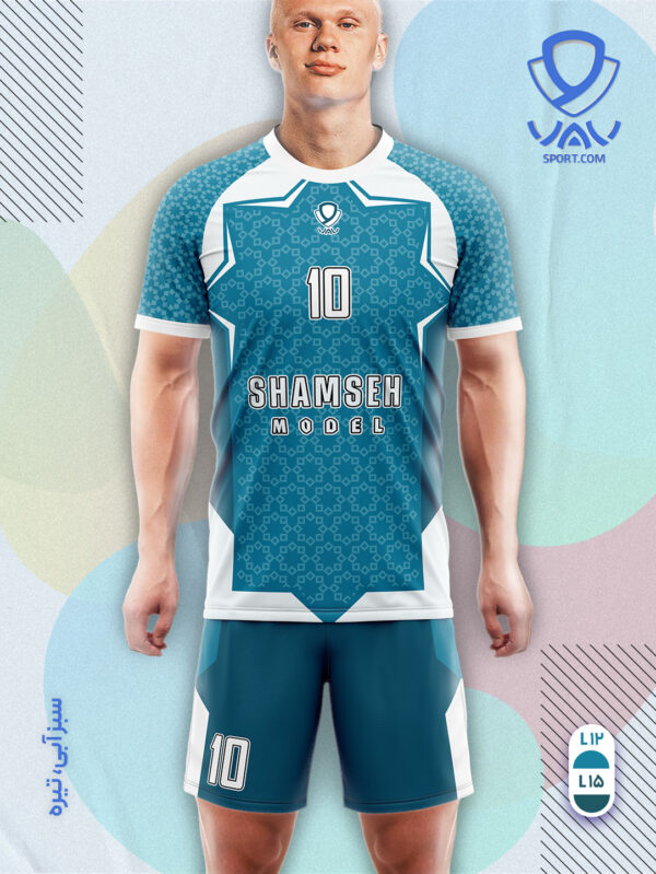 پیراهن و شورت ورزشی مدل شمسه آستین کوتاه رنگ سبزآبی سبزآبی تیره | تولید لباس ورزشی اختصاصی واو اسپرت