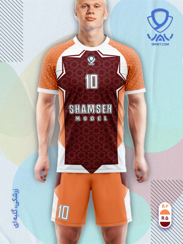 پیراهن و شورت ورزشی مدل شمسه آستین کوتاه رنگ زرشکی گلبه ای | تولید لباس ورزشی اختصاصی واو اسپرت