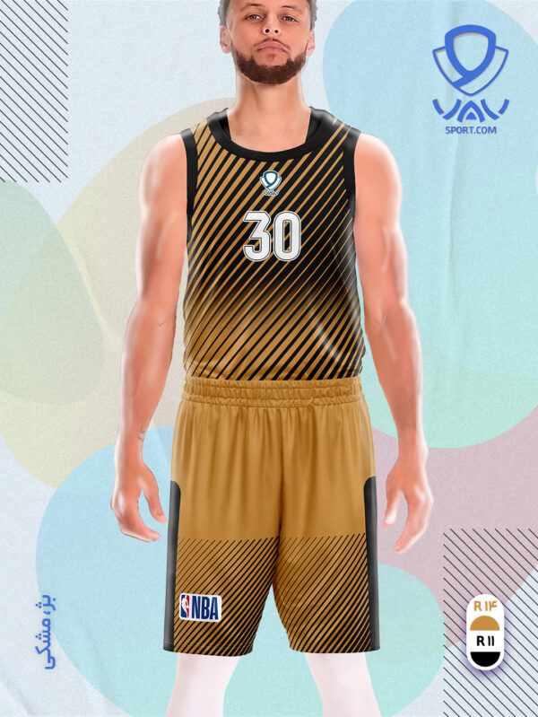 پیراهن و شورت ورزشی مدل راه راه بسکتبالی رنگ بژ مشکی | تولید لباس ورزشی اختصاصی واو اسپرت