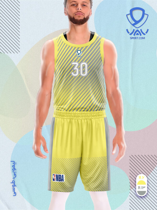 پیراهن و شورت ورزشی مدل راه راه بسکتبالی رنگ لیمویی طوسی | تولید لباس ورزشی اختصاصی واو اسپرت