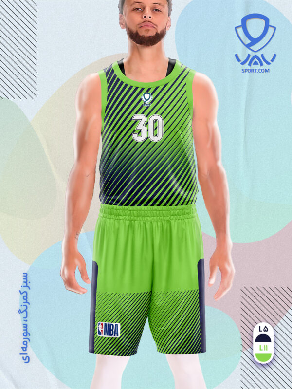 پیراهن و شورت ورزشی مدل راه راه بسکتبالی رنگ سبزکمرنگ سورمه ای | تولید لباس ورزشی اختصاصی واو اسپرت