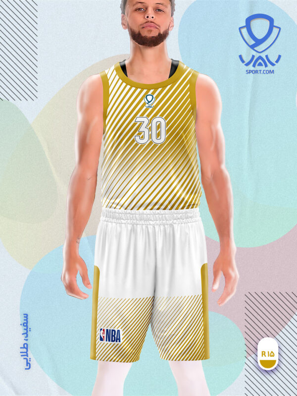 پیراهن و شورت ورزشی مدل راه راه بسکتبالی رنگ سفید طلایی | تولید لباس ورزشی اختصاصی واو اسپرت