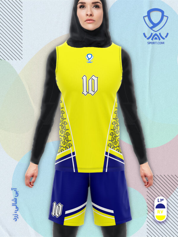 پیراهن و شورت ورزشی مدل گلبرگ آستین حلقه رنگ آبی شالی زرد | تولید لباس ورزشی اختصاصی واو اسپرت