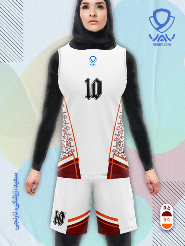 پیراهن و شورت ورزشی مدل گلبرگ آستین حلقه رنگ سفید زرشکی نارنجی | تولید لباس ورزشی اختصاصی واو اسپرت