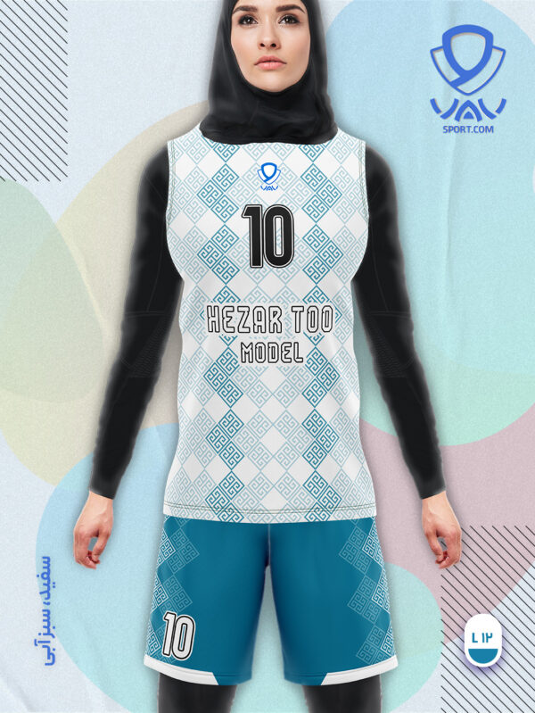 پیراهن و شورت ورزشی مدل هزارتو آستین حلقه رنگ سفید سبزآبی | تولید لباس ورزشی اختصاصی واو اسپرت