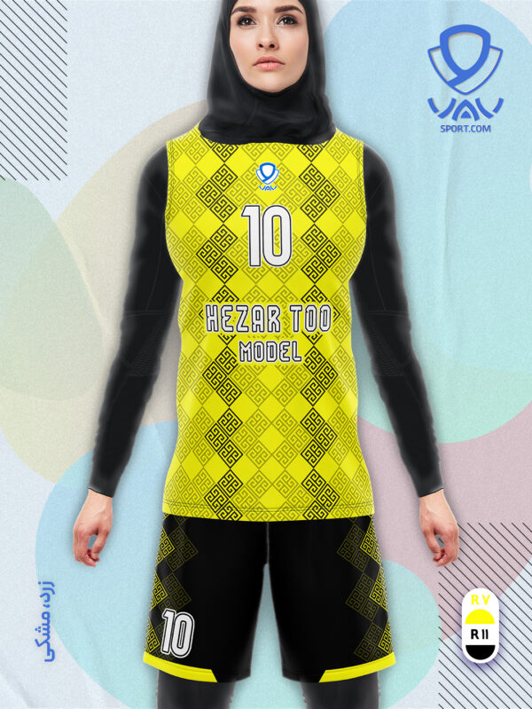 پیراهن و شورت ورزشی مدل هزارتو آستین حلقه رنگ زرد مشکی | تولید لباس ورزشی اختصاصی واو اسپرت