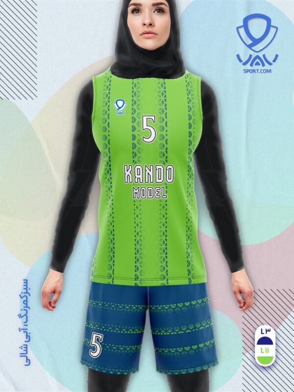 پیراهن و شورت ورزشی مدل کندو آستین حلقه رنگ سبزکمرنگ آبی شالی | تولید لباس ورزشی اختصاصی واو اسپرت