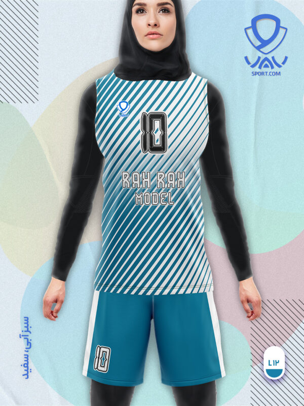 پیراهن و شورت ورزشی مدل راه راه آستین حلقه رنگ سبز آبی سفید | تولید لباس ورزشی اختصاصی واو اسپرت