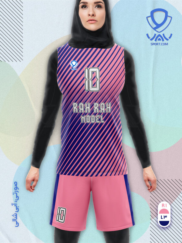 پیراهن و شورت ورزشی مدل راه راه آستین حلقه رنگ صورتی آبی شالی | تولید لباس ورزشی اختصاصی واو اسپرت