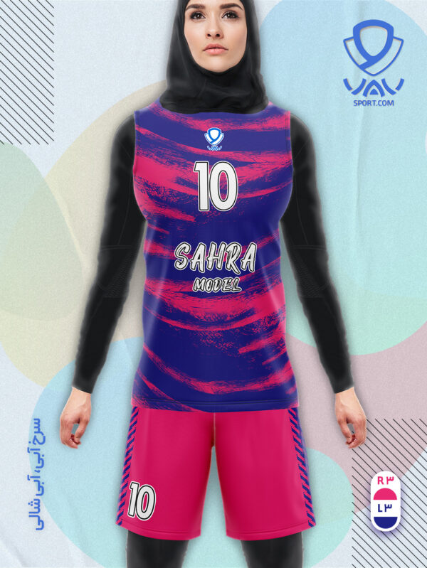 پیراهن و شورت ورزشی مدل صحرا آستین حلقه رنگ آبی شالی سرخابی | تولید لباس ورزشی اختصاصی واو اسپرت