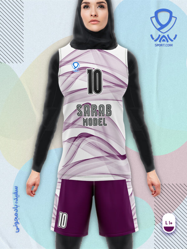 پیراهن و شورت ورزشی مدل سراب آستین حلقه رنگ سفید بادمجونی | تولید لباس ورزشی اختصاصی واو اسپرت