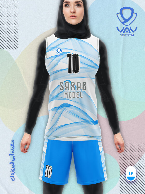 پیراهن و شورت ورزشی مدل سراب آستین حلقه رنگ سفید آبی فیروزه ای | تولید لباس ورزشی اختصاصی واو اسپرت