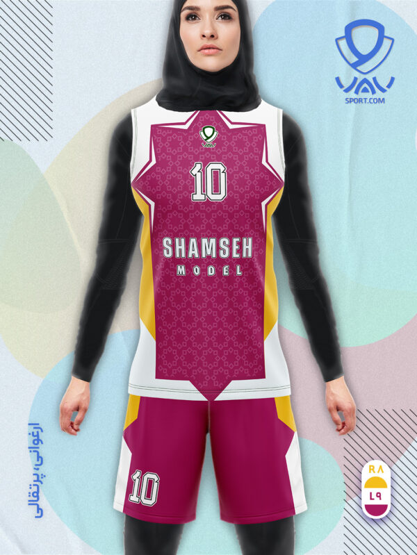 پیراهن و شورت ورزشی مدل شمسه آستین حلقه رنگ ارغوانی پرتقالی | تولید لباس ورزشی اختصاصی واو اسپرت