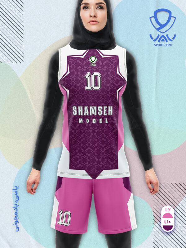 پیراهن و شورت ورزشی مدل شمسه آستین حلقه رنگ یاسی بادمجونی | تولید لباس ورزشی اختصاصی واو اسپرت