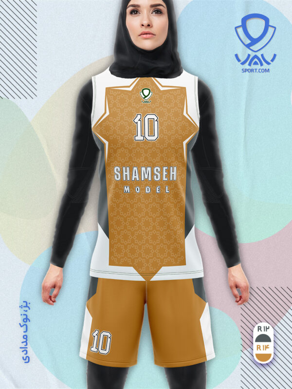 پیراهن و شورت ورزشی مدل شمسه آستین حلقه رنگ بژ نوک مدادی | تولید لباس ورزشی اختصاصی واو اسپرت