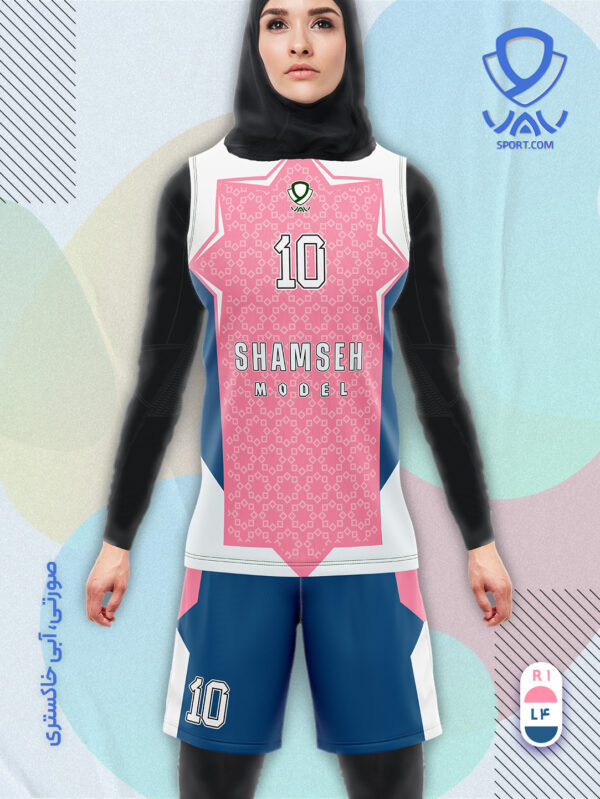 پیراهن و شورت ورزشی مدل شمسه آستین حلقه رنگ صورتی آبی خاکستری | تولید لباس ورزشی اختصاصی واو اسپرت