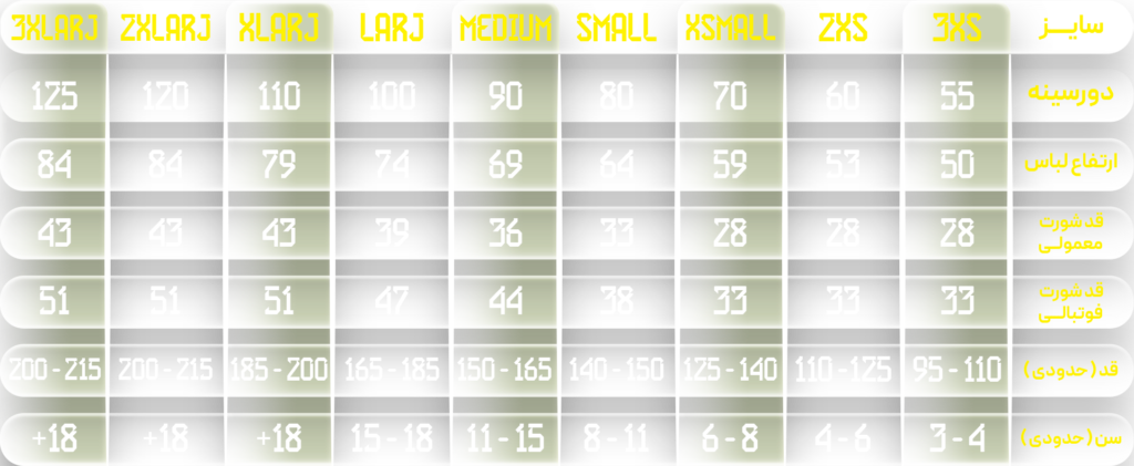 جدول سایزبندی پیراهن و شورت ورزشی آستین حلقه | تولید لباس ورزشی اختصاصی واو اسپرت