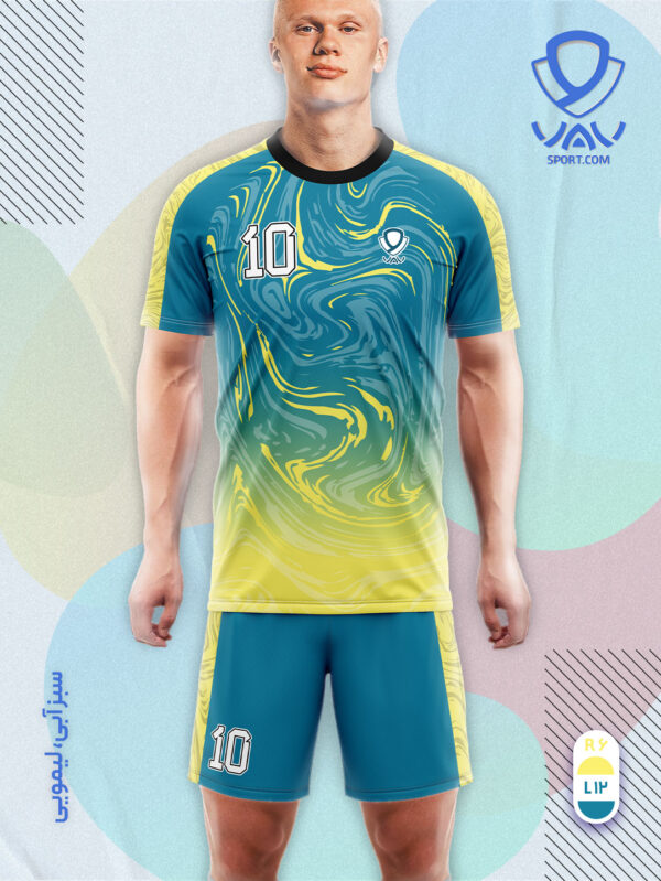 پیراهن و شورت ورزشی مدل ابروباد آستین کوتاه رنگ سبزآبی لیمویی | تولید لباس ورزشی اختصاصی واو اسپرت