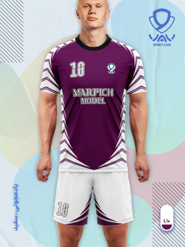 پیراهن و شورت ورزشی مدل مارپیچ آستین کوتاه رنگ بادمجونی سفید | تولید لباس ورزشی اختصاصی واو اسپرت